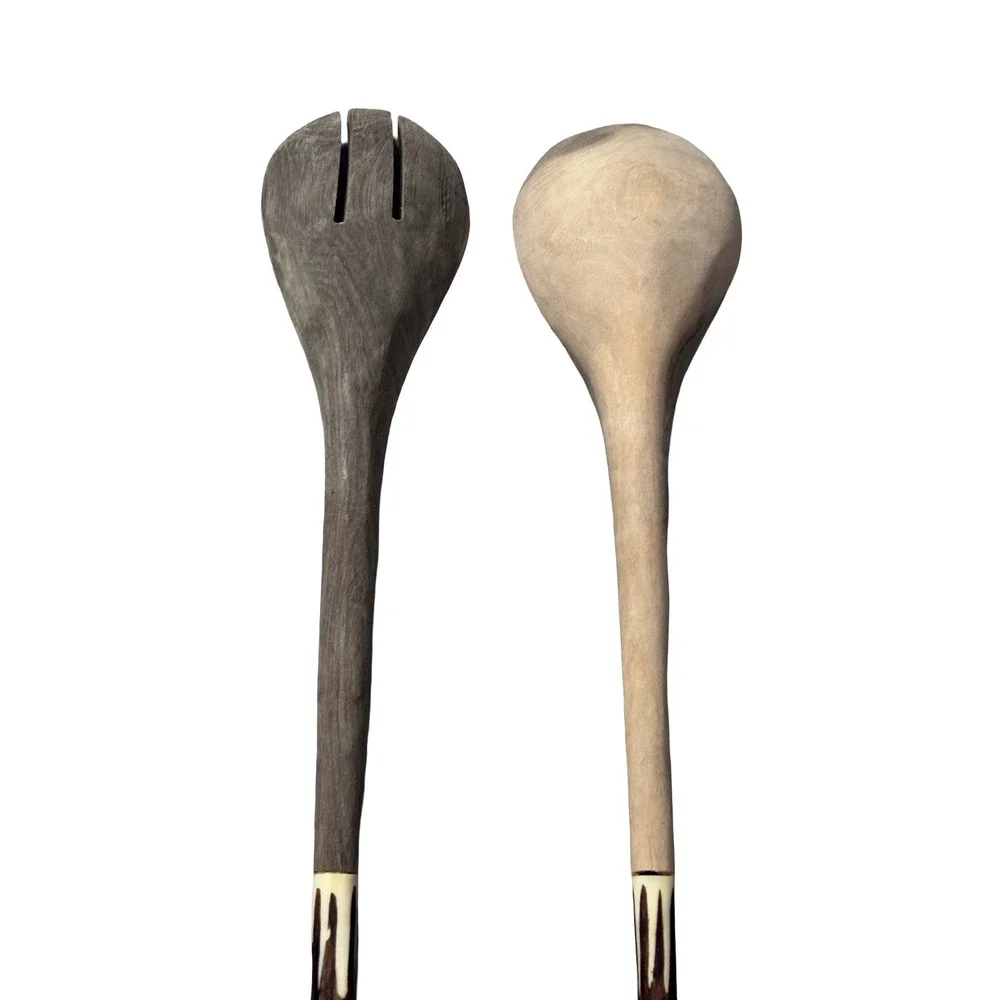 Hand Carved Wooden Salad Servers Bone Inlay Batik Handle‎ Dark Wood 12 Inch Set